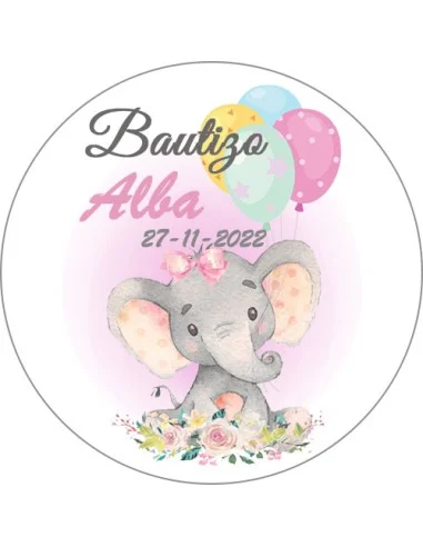 Etiqueta de Bautizo - Elefante Rosa